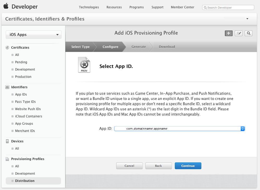 Select App ID from the dropdown list