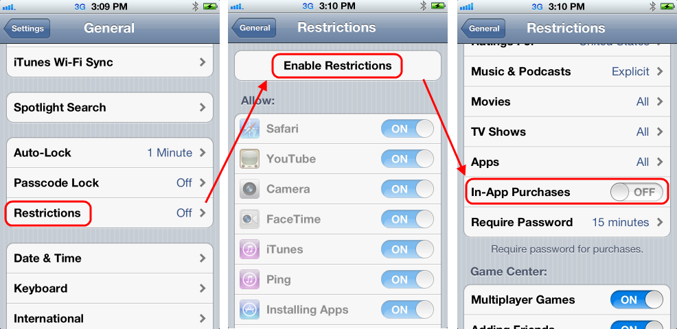 Use the Restrictions feature of iOS to disable In-App Purchases