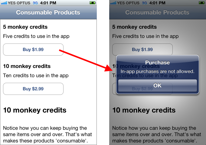 In-app purchases are not allowed