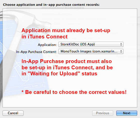 Choose the correct application and in-app purchase to associate this content with