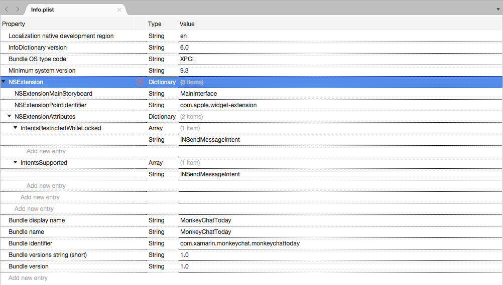 The NSExtension and NSExtensionAttributes keys in the editor in Visual Studio for Mac.