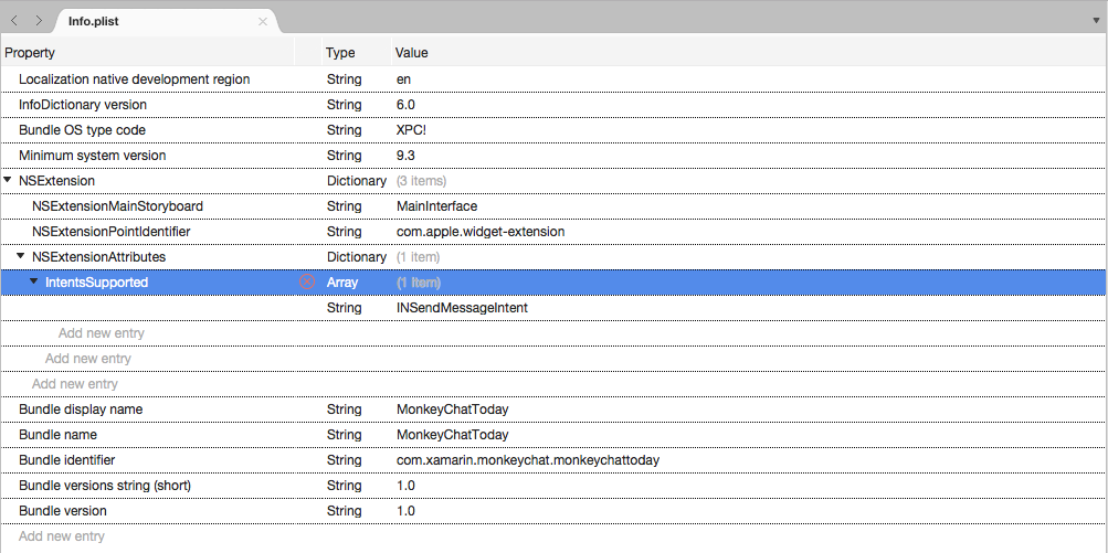 The NSExtension and NSExtensionAttributes keys in the editor.
