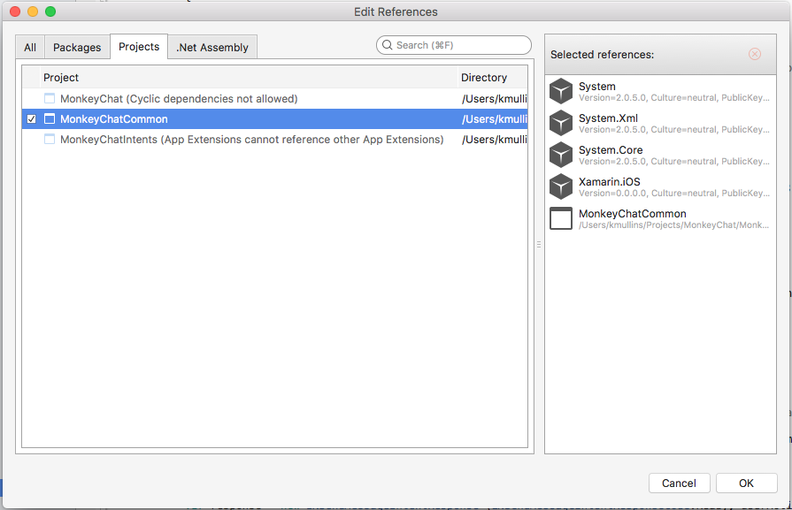 Select the name of the common shared code library project in Visual Studio for Mac.