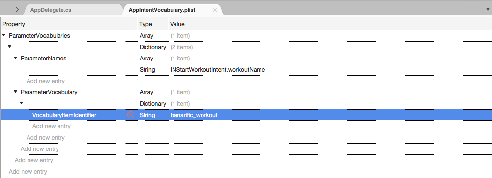 Add the VocabularyItemIdentifier key with the Type of String and specify a unique ID