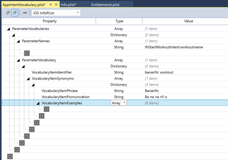 Add the VocabularyItemExamples key with the Type of Array