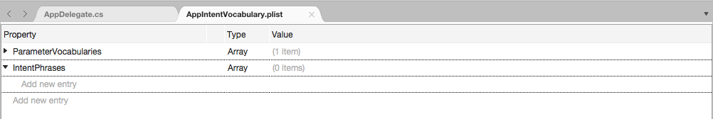 Add the IntentPhrases key with the Type of Array