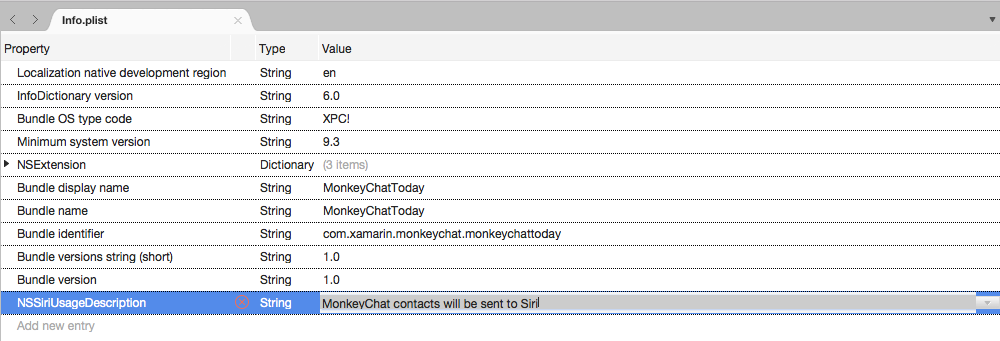The NSSiriUsageDescription in the Info.plist editor