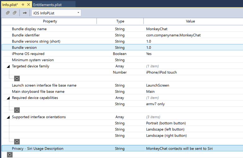 The NSSiriUsageDescription in the Info.plist editor