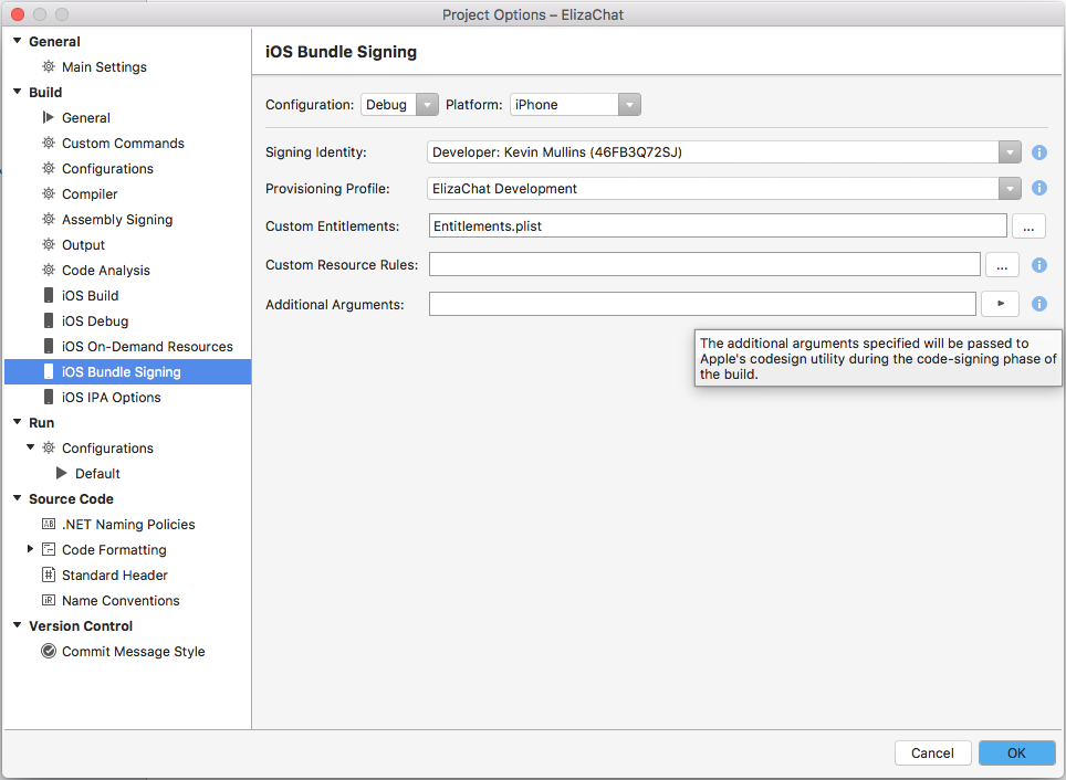 Select the Entitlements.plist file in the Custom Entitlements field