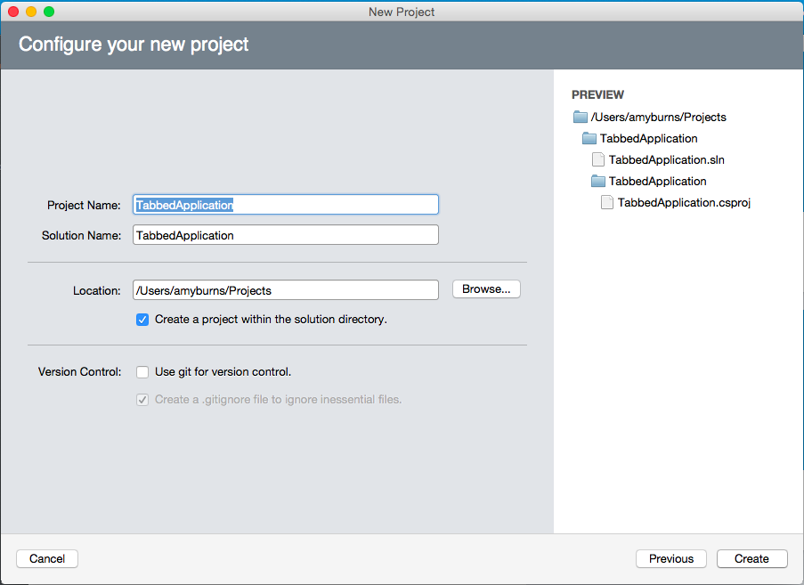 Name the project TabbedApplication