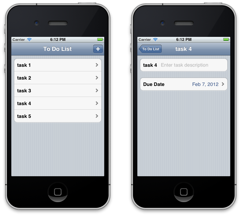 When a task is selected on the first screen, a detail screen is presented as shown