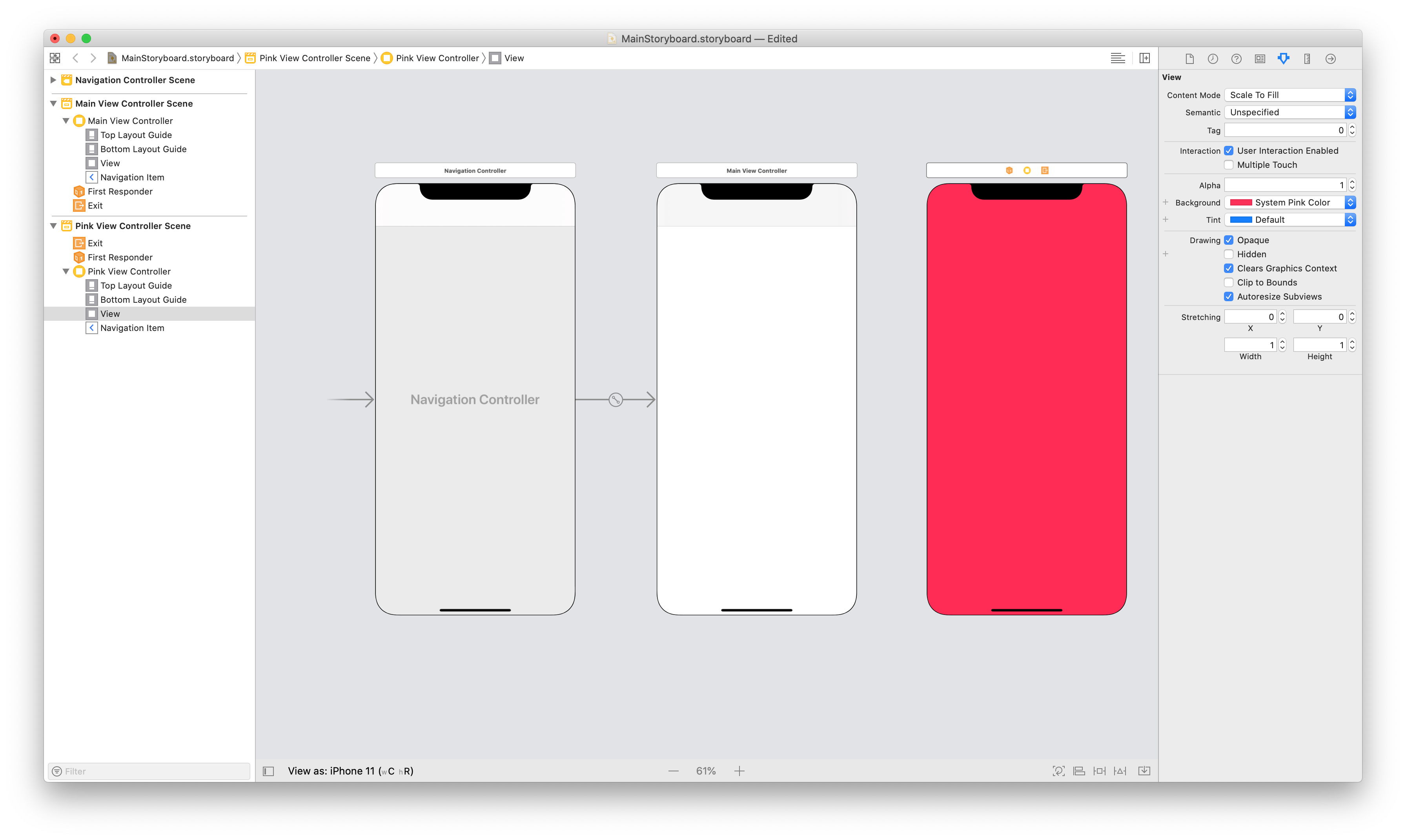 Screenshot shows the storyboard from the previous step with the rightmost screen changed to a pink background.