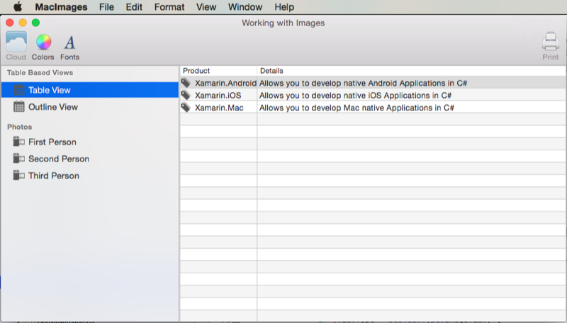 Running the sample app Screenshot shows Table View selected in the Working with Images window.