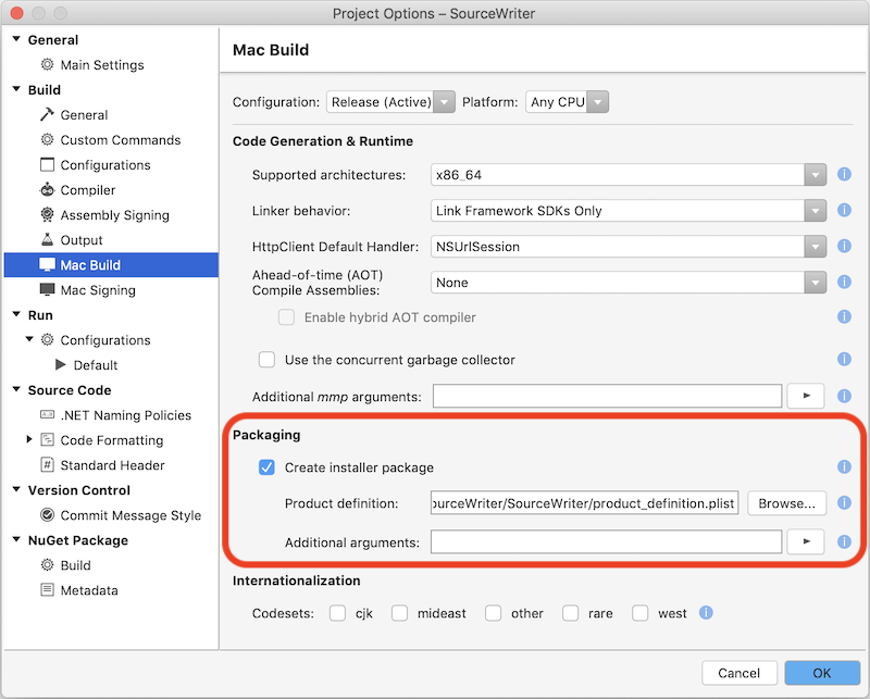 Editing the build options Editing the build options