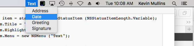The status bar menu running The status bar menu running