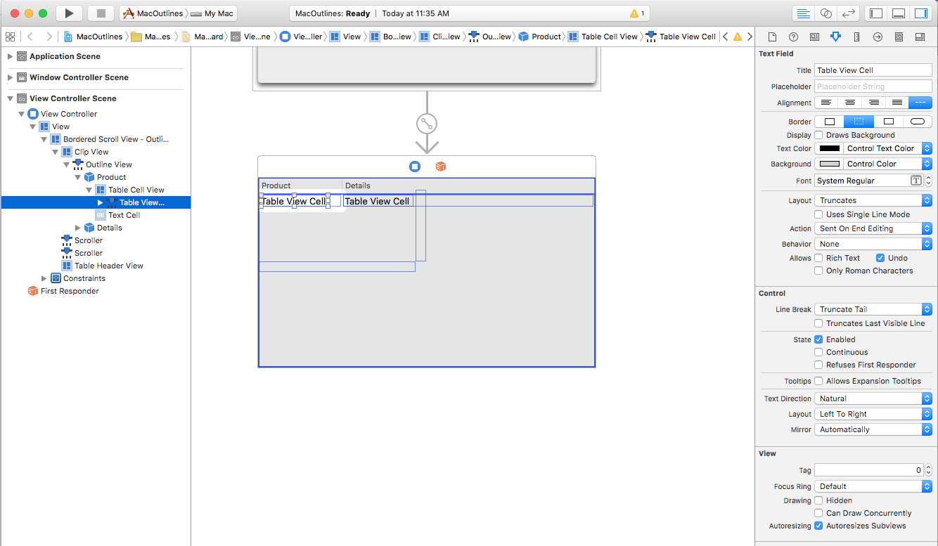 Screenshot shows the properties available for the selected table view cell in the Attribute Inspector.