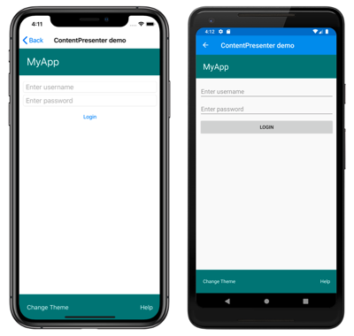 Templated ContentPage Screenshots of templated page object, on iOS and Android