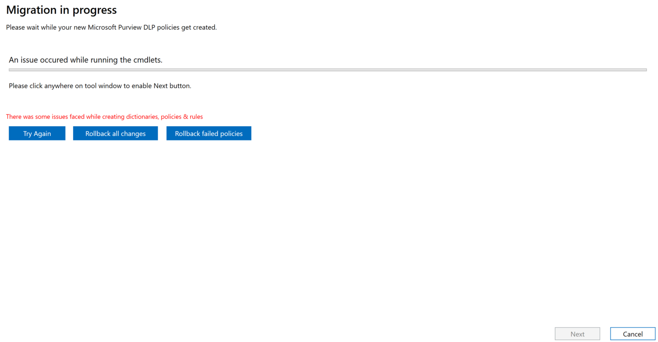 Screenshot of errors that can occur during Migration process.