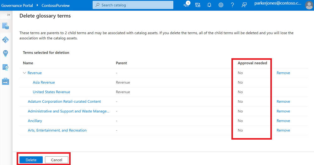 Screenshot of the window for deleting glossary terms, which shows terms that don't need approval and the button for deleting them.