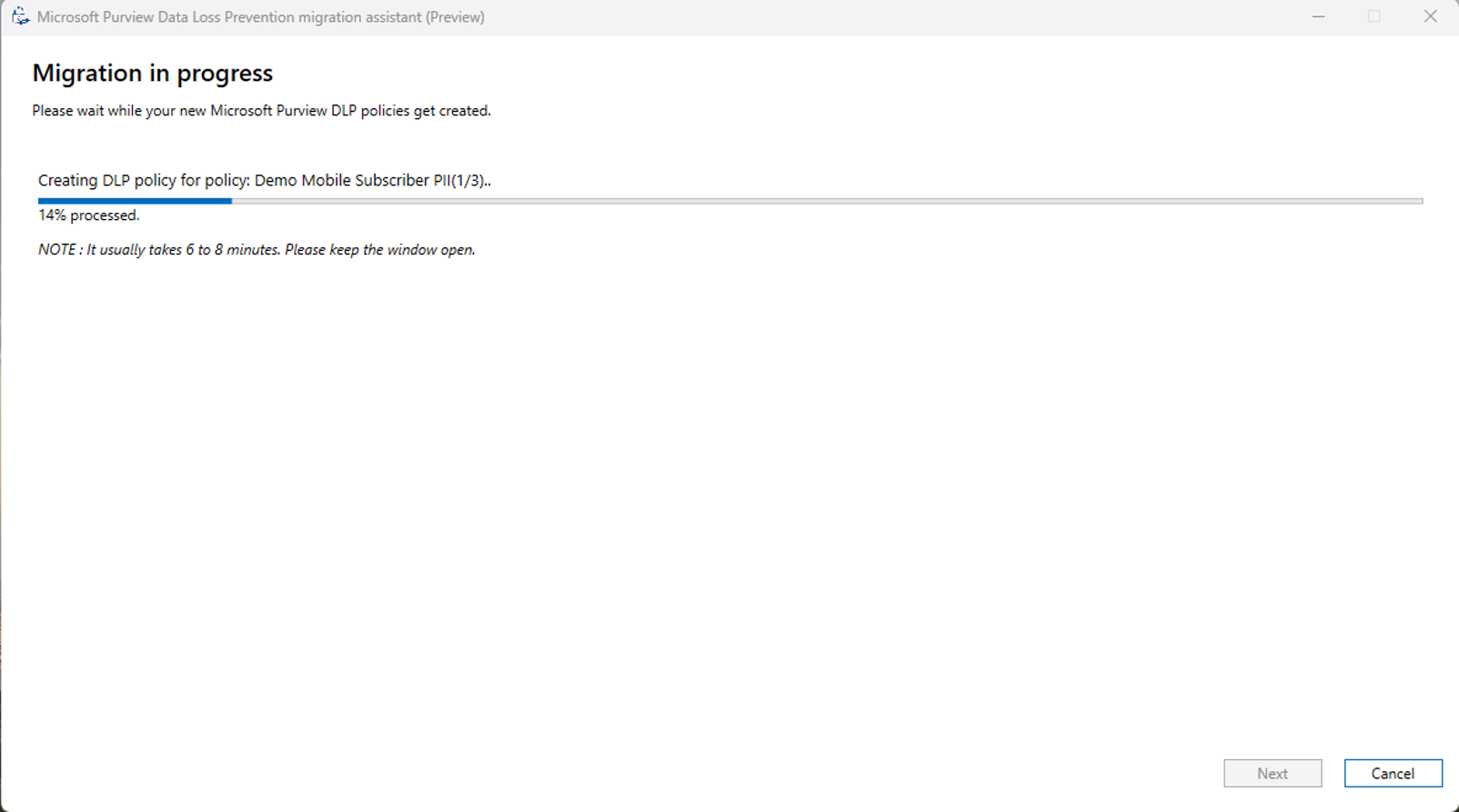 Screenshot of the Migration in process.