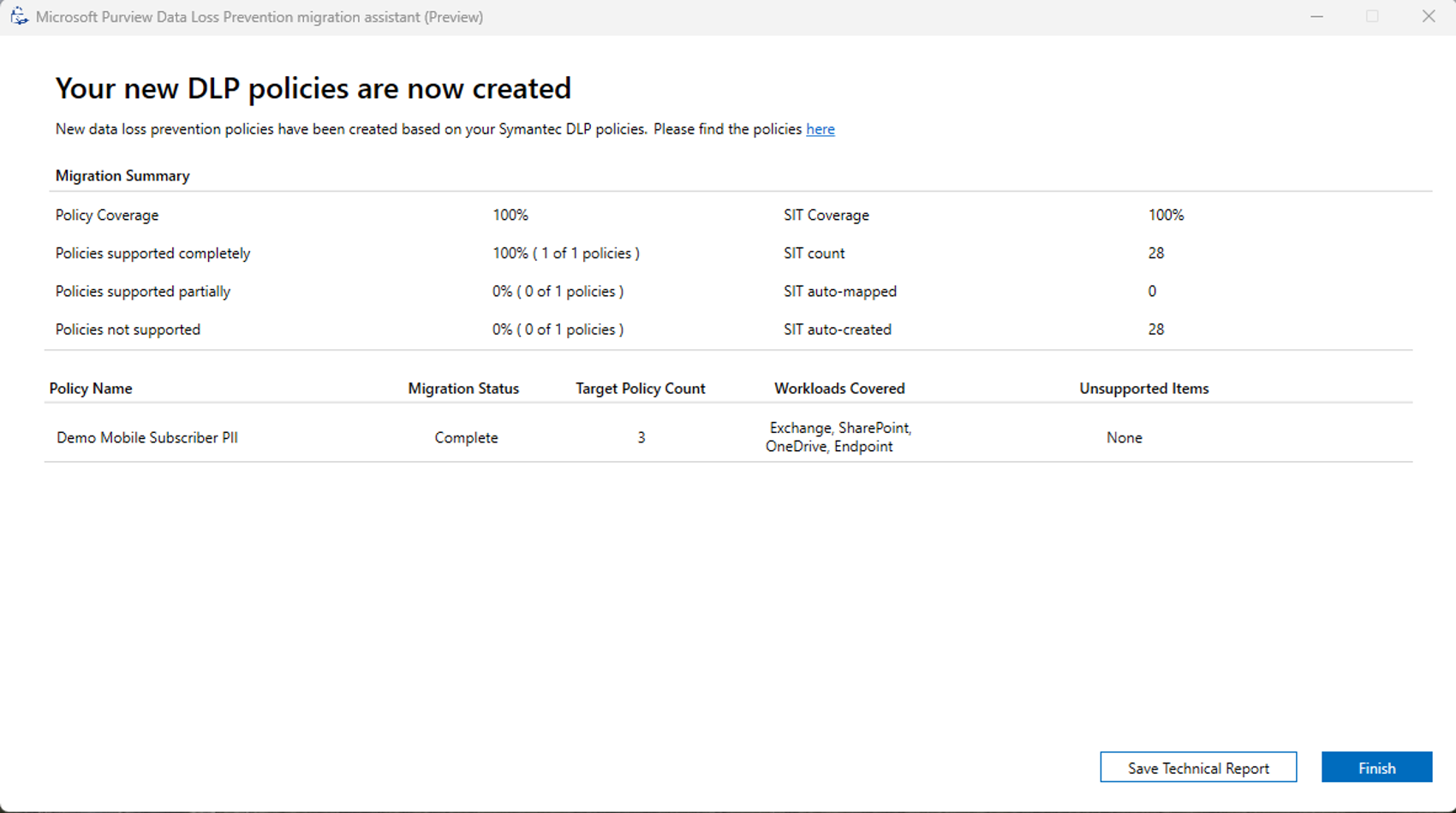 Screenshot of migration report.