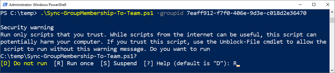 Screenshot of the window where you enter R for Run Once.