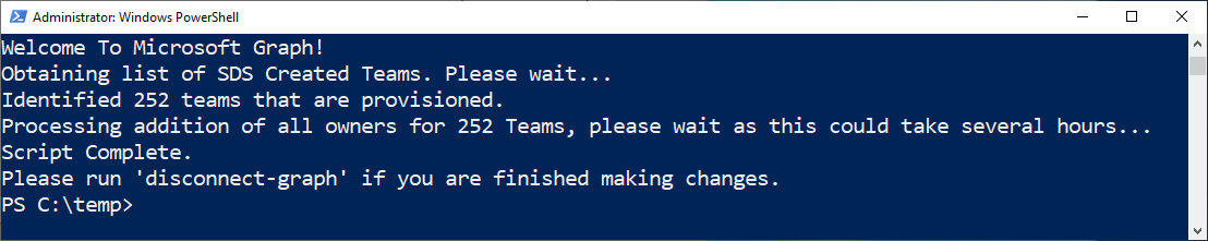 Screenshot of the message that confirms that the script completed successfully.
