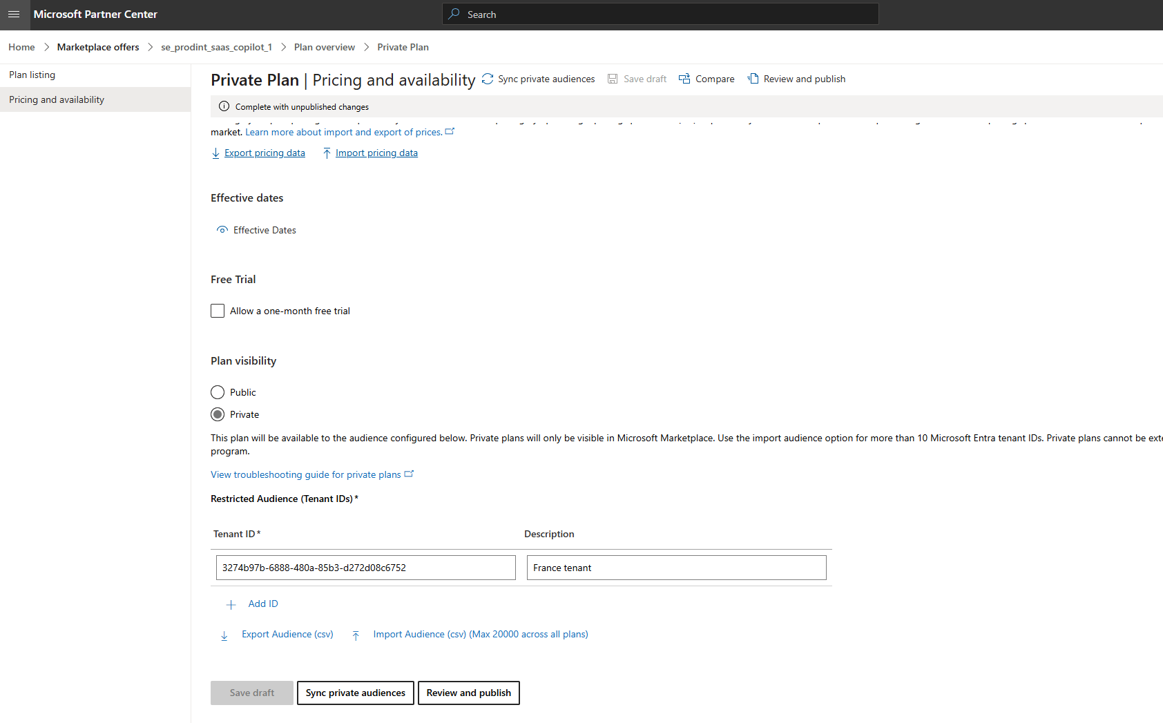 Screenshot of the Private plan pricing and availability page, showing the Free trial button and Plan visibility of Private. Free trial isn't checked.