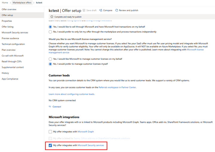 The offer setup page filled in with: 'Yes, I would like to sell through Microsoft and have Microsoft host transactions on my behalf,' 'No, I would prefer to amange customer licenses myself,' and 'My offer integrates with Microsoft Security services.