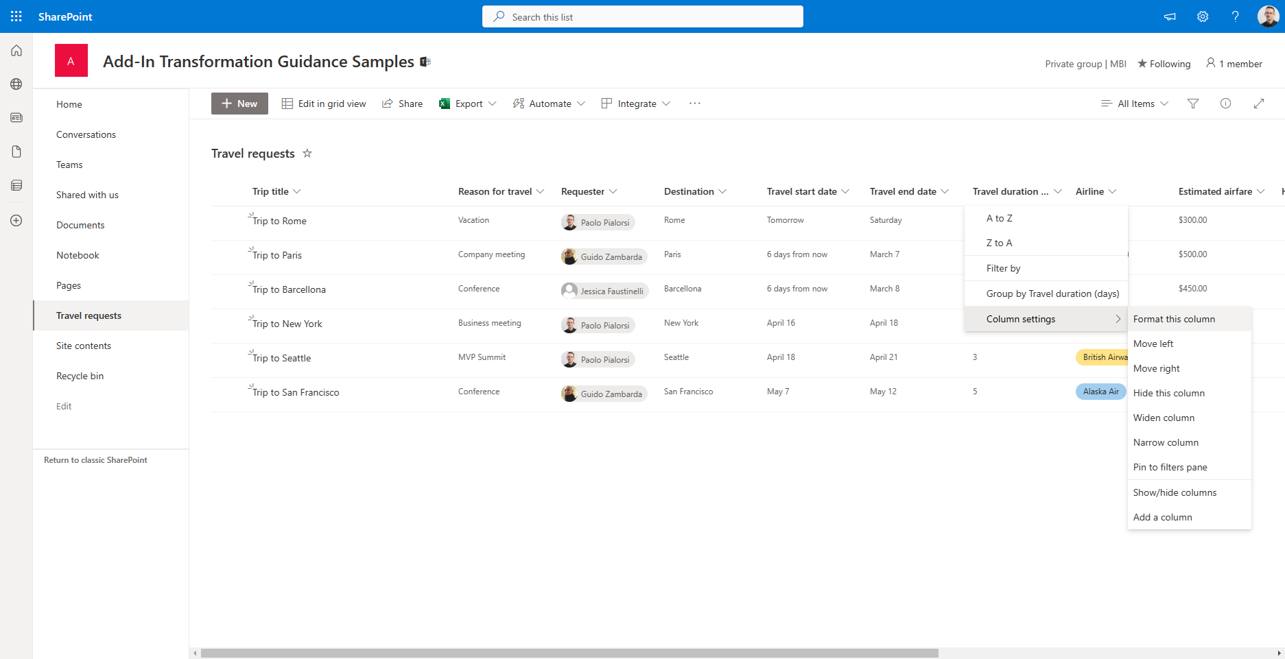 The contextual menu to activate the column formatting editor in SharePoint Online. Click on the arrow just beside the name of the column, choose "Column settings" and then "Format this column".