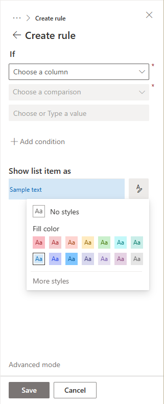 The side panel when defining a custom formatting rule for a column. You can define one or more conditions and a rendering style.