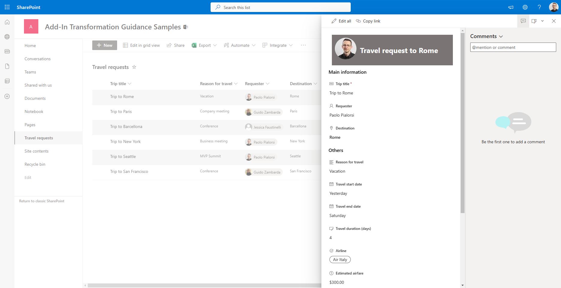 The UI of the custom body with two sections: "Main information" with Title, Requester, and Destination and "Others" with all the reminder fields.
