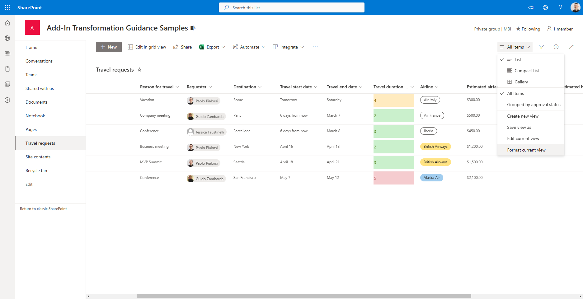 The menu item to activate the list view formatting, which is available under the dropdown of the available views for the current list or library.