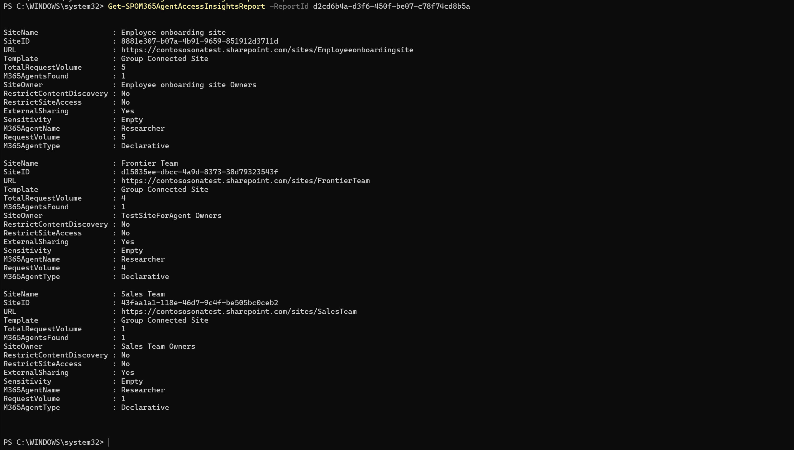 Screenshot of running Get-SPOM365AgentAccessInsightsReport command in SharePoint Online Management Shell.