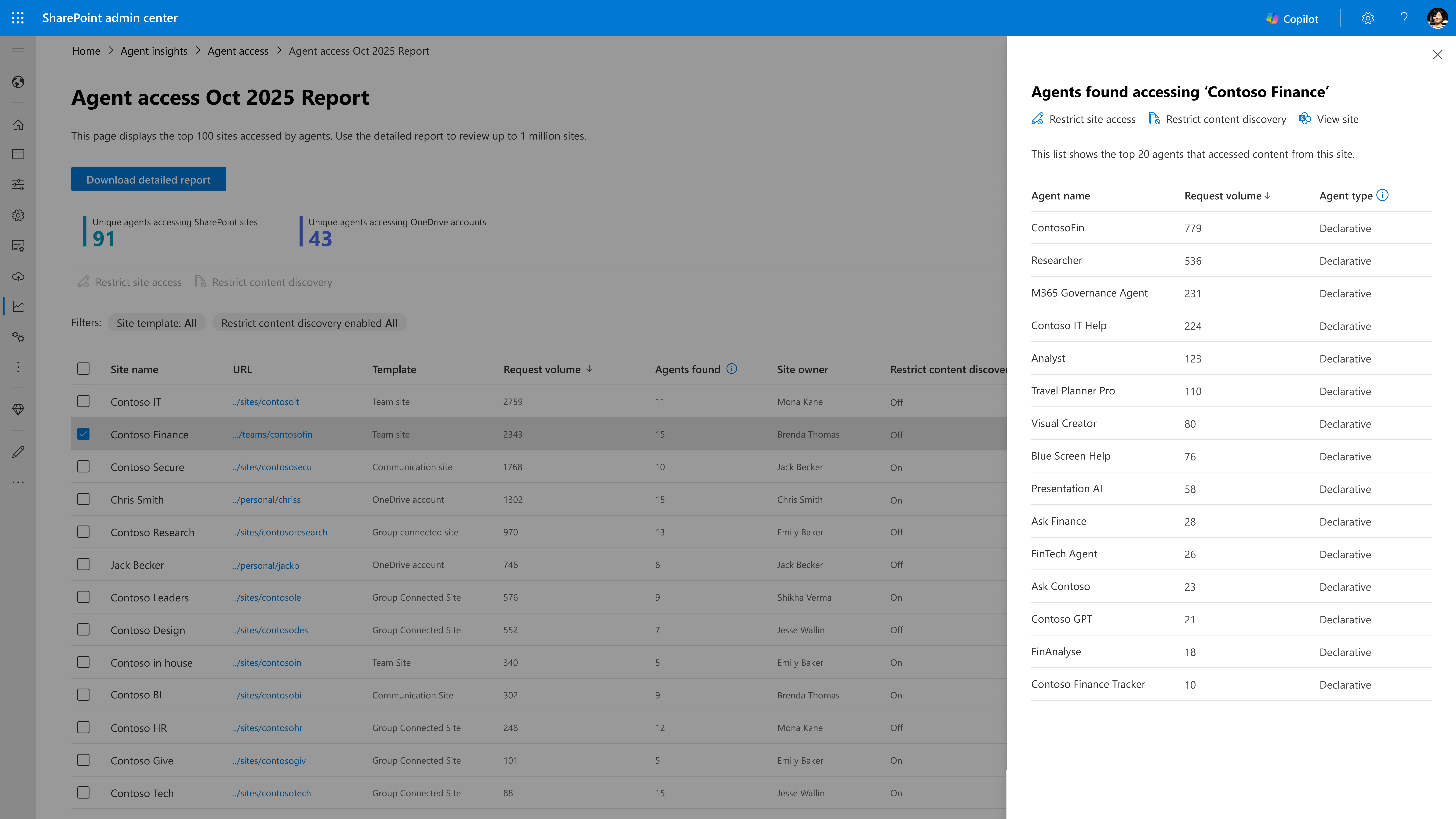 Screenshot of viewing top agents for a specific site under Agent Insights in SharePoint Admin Center.
