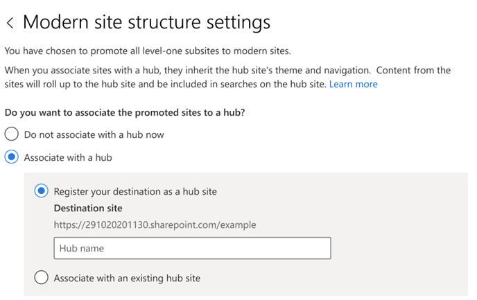 SPMT site structure for associating the destination to register as a hub or associate the sits with an existing hub.