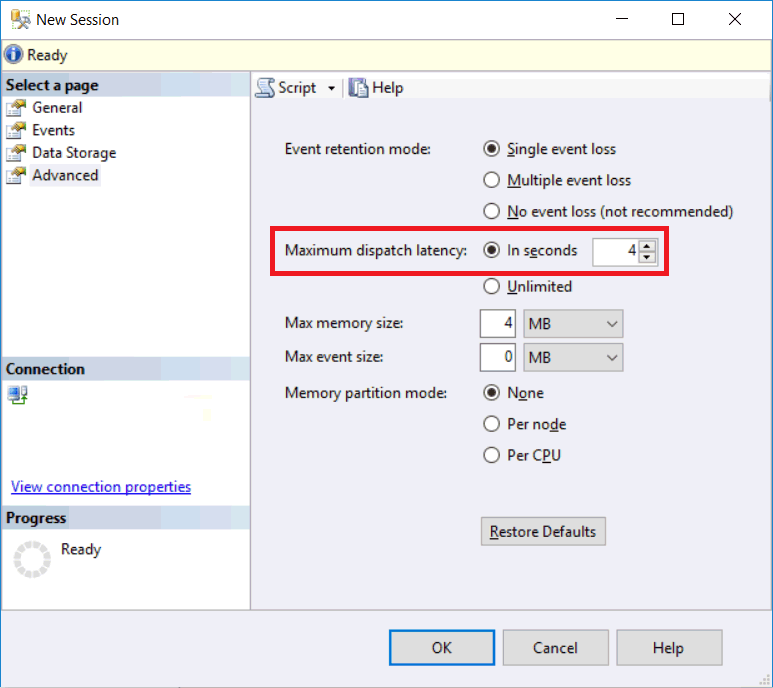 Screenshot from SSMS of the New Session > Advanced, Maximum dispatch latency.
