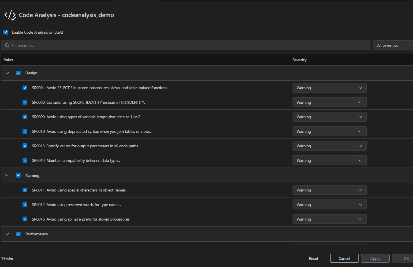 Screenshot of the Code Analysis Settings dialog in Visual Studio Code showing the list of rules grouped by category.