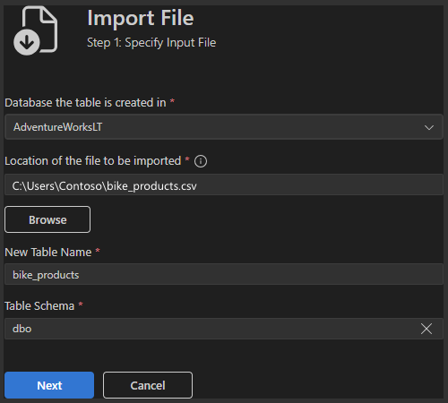 Screenshot of the Import File wizard Step 1 showing input file configuration.