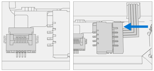 Diagram that shows speaker FPC locked and adjacent connector seated in its socket.