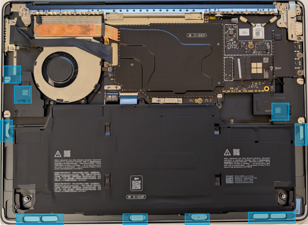 Screenshot that shows PSA tape locations (blue and red) on the fan indicating positions for 13 in and 15 in installations.