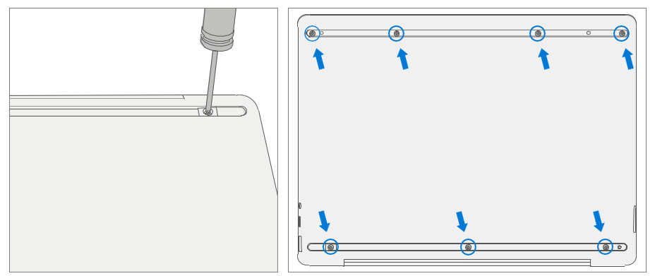 Diagram that shows the seven C-cover screw locations in the D-bucket foot recesses before removal with a PH0 driver.