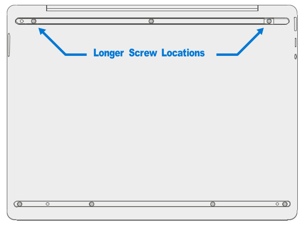 Diagram that shows reinstalling the seven C-cover screws with two longer corner screws highlighted.