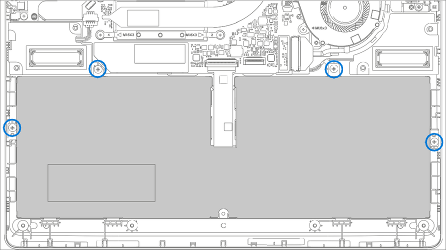 Screenshot that shows the battery screw locations to be removed.
