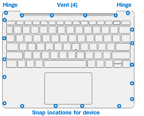 Screenshot that shows snap locations securing the keyboard to the chassis before prying.