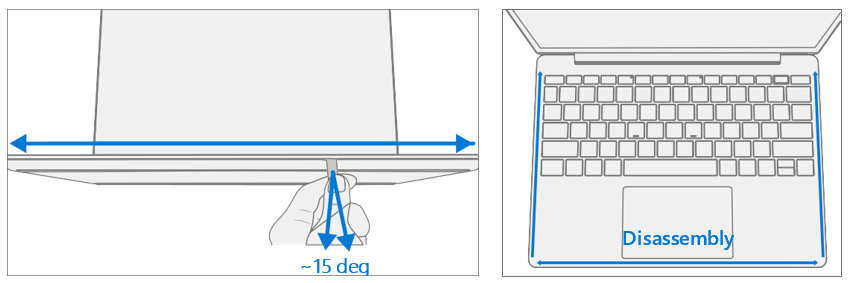 Screenshot that shows prying along the front seam to disengage keyboard snaps using a plastic tool.