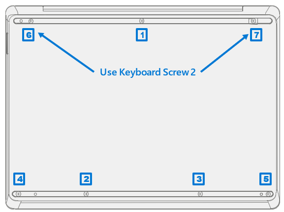 Screenshot that shows installation order for five short and two long keyboard screws.