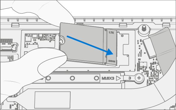 Screenshot that shows inserting replacement rSSD at a slight angle into connector.