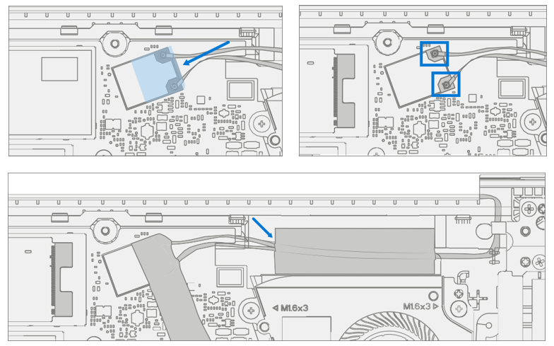 Screenshot that shows antenna cables and mylar shield being lifted from mainboard connectors.