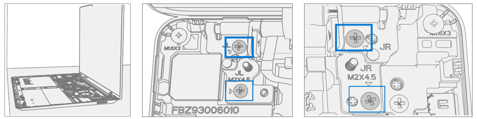 Screenshot that shows removing two outer hinge screws while holding display at 90 degrees.